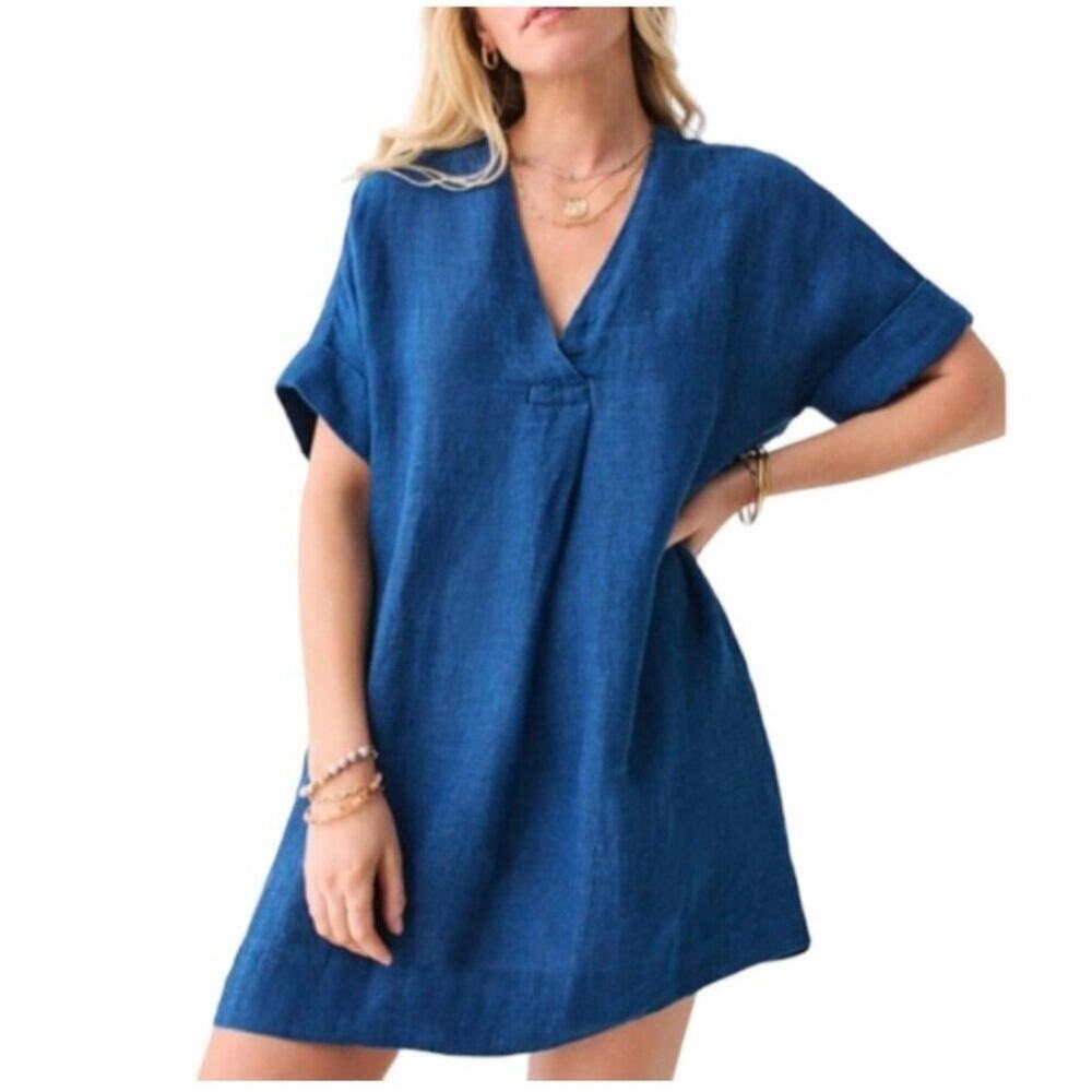 Faherty 100% Linen Sanibel Basketweave Dress Size L Blue Indigo Short Sleeve
